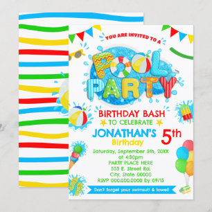 Pool Summer Birthday Party Primary Colour Invitation