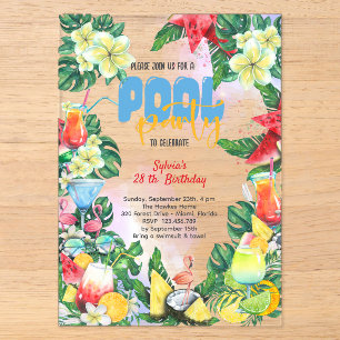 Pool summer drinks birthday adult party acrylic invitations