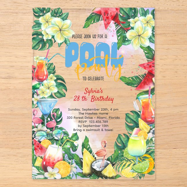 Pool summer drinks birthday adult party acrylic invitations (Front)