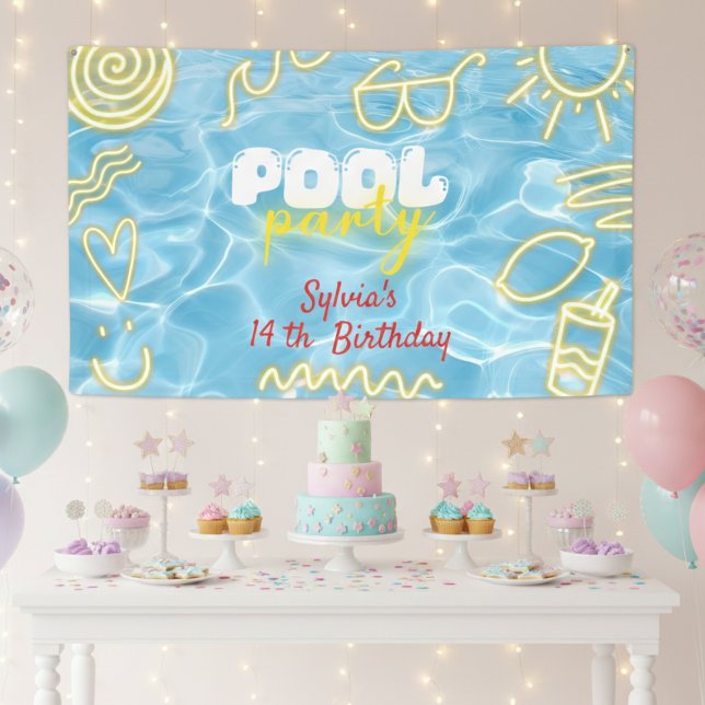 Pool summer neon vibes birthday party banner (Creator Uploaded)