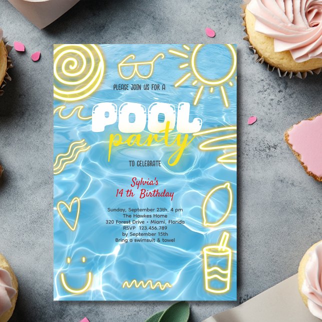 Pool summer neon vibes birthday party invitation (Creator Uploaded)