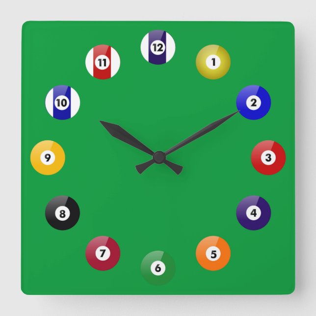 Pool Table and Balls Square Wall Clock (Front)