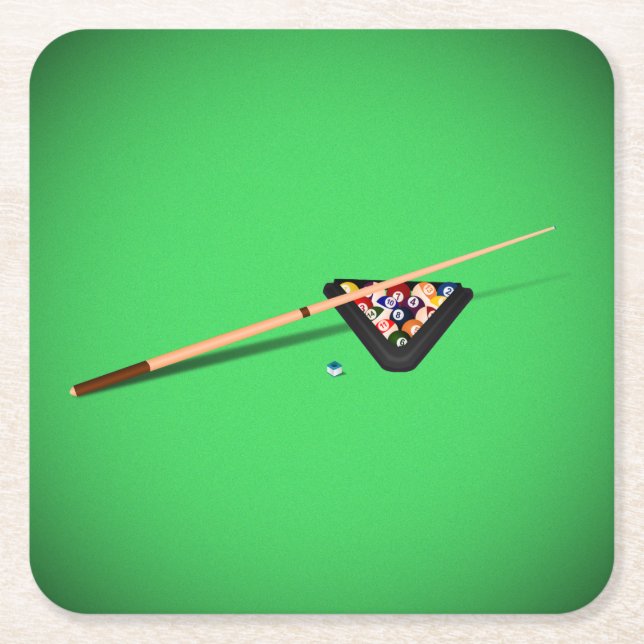 Pool Table Cue Stick and Balls Square Paper Coaster (Front)