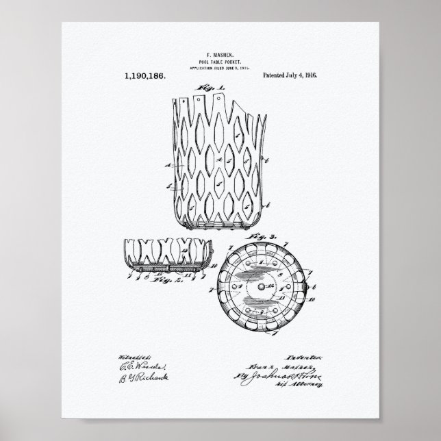 Pool Table Pocket 1916 Patent Art - White Paper Poster (Front)