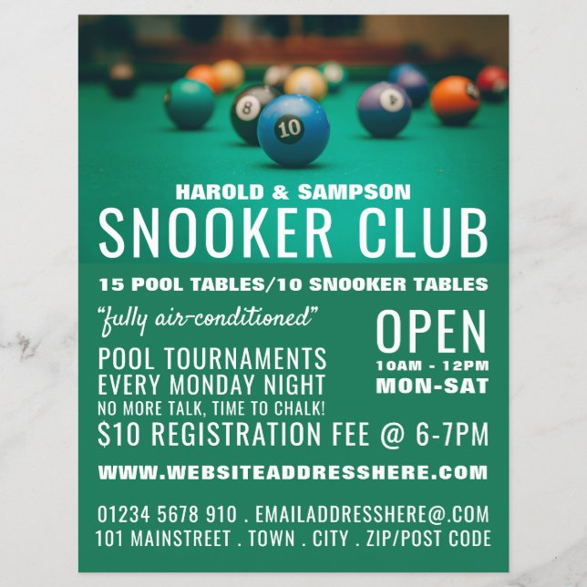 Pool Table, Pool Club, Snooker Club Advertising Flyer (Front)