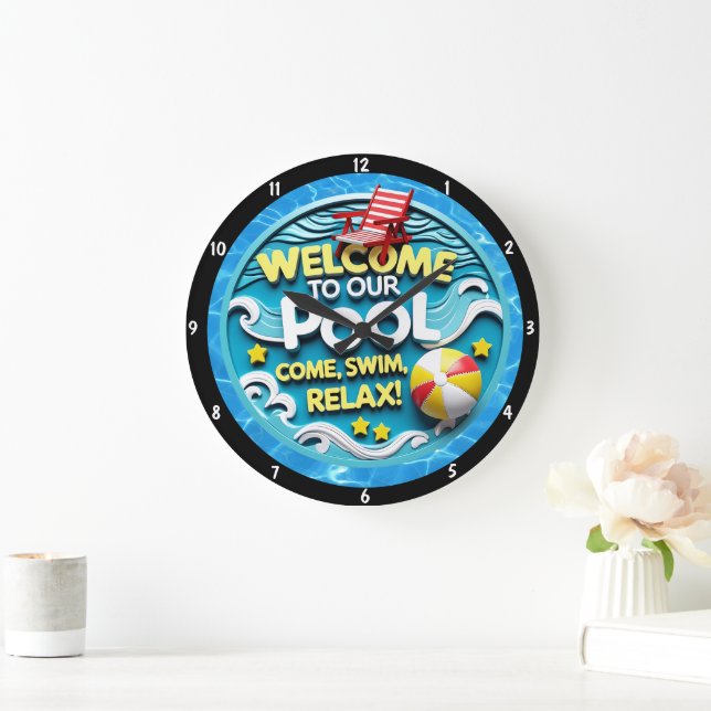 Pool-Themed With Relaxing Invitation Vibrant Colou Large Clock (Home)
