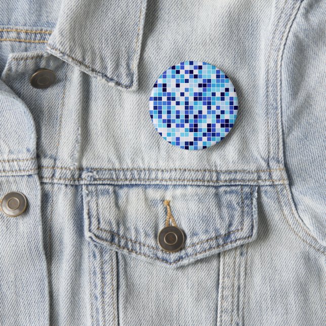 Pool Tiles, Blue Mosaic Tiles, Geometric Pattern 2 Inch Round Button (In Situ)