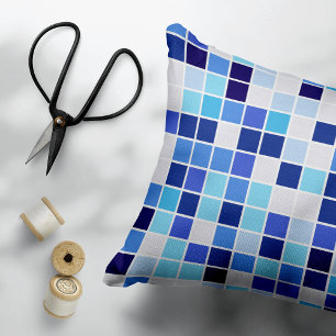 Pool Tiles, Blue Mosaic Tiles, Geometric Pattern Accent Pillow