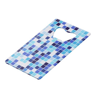 Pool Tiles, Blue Mosaic Tiles, Geometric Pattern Credit Card Bottle Opener