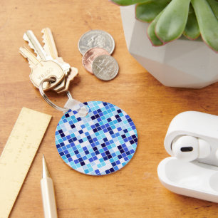 Pool Tiles, Blue Mosaic Tiles, Geometric Pattern Keychain