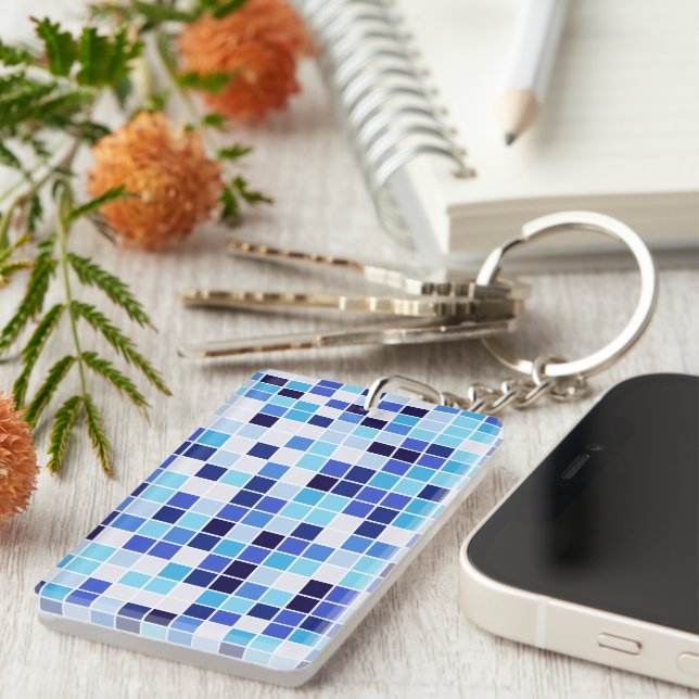 Pool Tiles, Blue Mosaic Tiles, Geometric Pattern Keychain (Front Right)