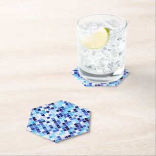 Pool Tiles, Blue Mosaic Tiles, Geometric Pattern Paper Coaster