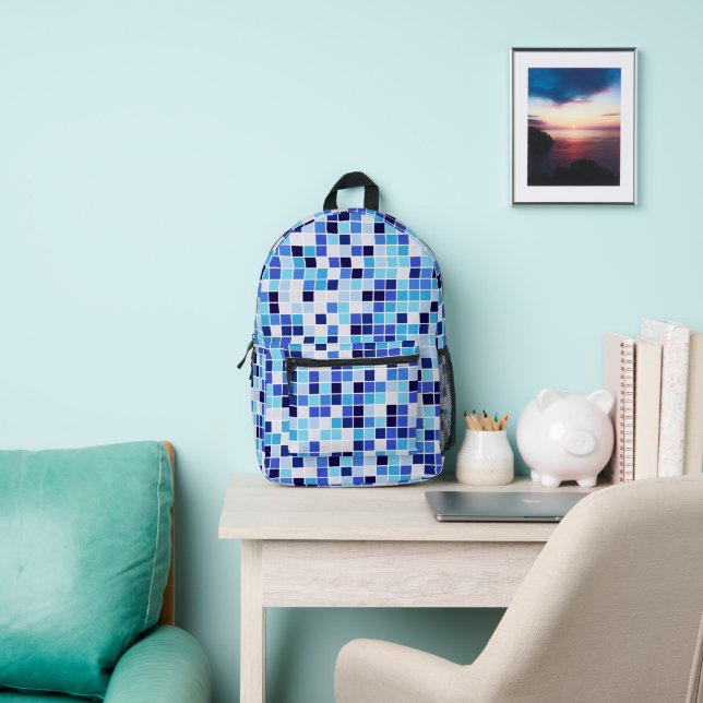 Pool Tiles, Blue Mosaic Tiles, Geometric Pattern Printed Backpack (Insitu)