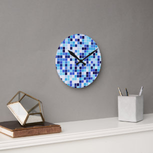 Pool Tiles, Blue Mosaic Tiles, Geometric Pattern Round Clock