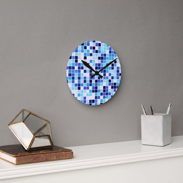 Pool Tiles, Blue Mosaic Tiles, Geometric Pattern Round Clock (Office)