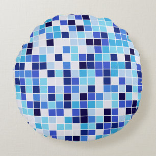 Pool Tiles, Blue Mosaic Tiles, Geometric Pattern Round Pillow