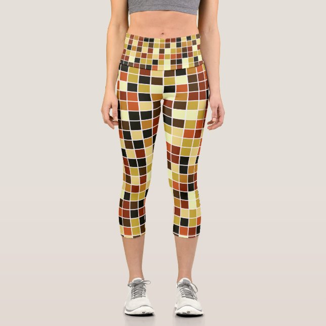 Pool Tiles, Brown Mosaic Tiles, Geometric Pattern Capri Leggings (Front)