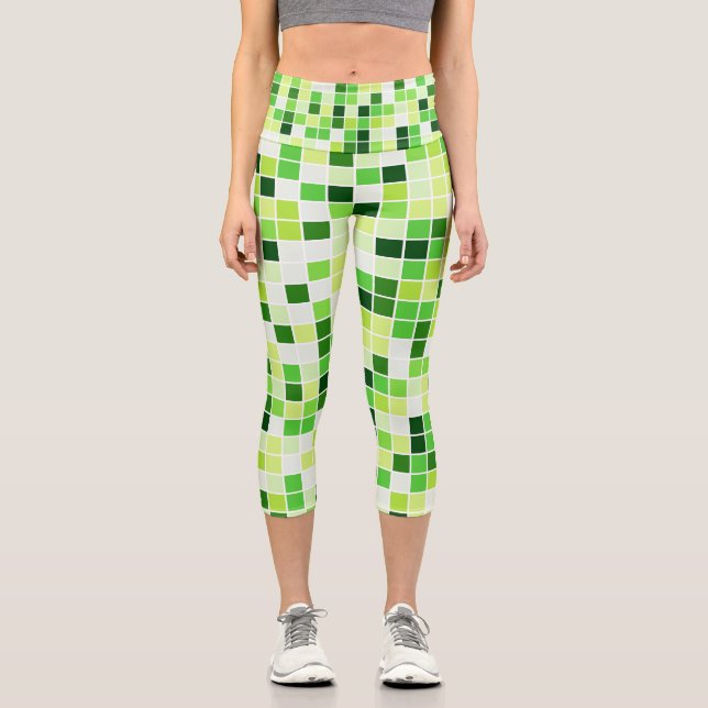 Pool Tiles, Green Mosaic Tiles, Geometric Pattern Capri Leggings (Front)