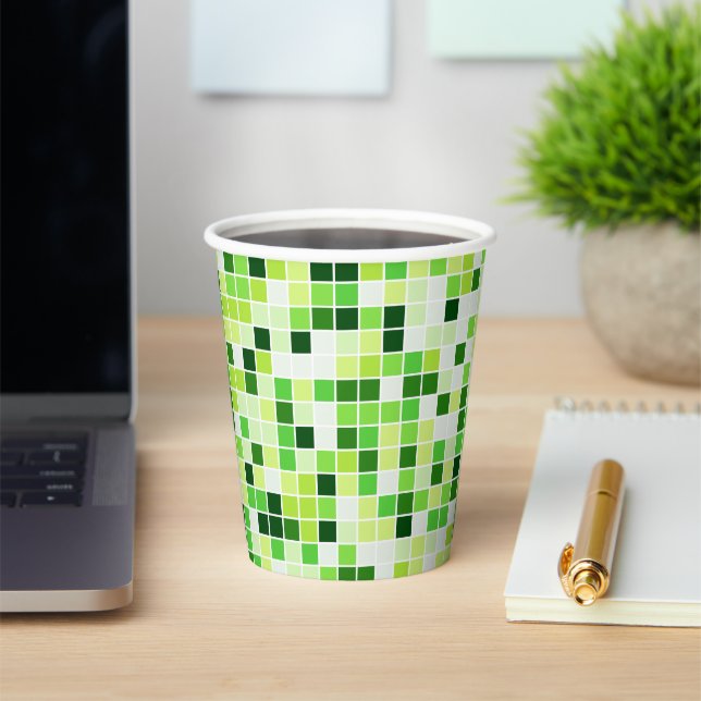 Pool Tiles, Green Mosaic Tiles, Geometric Pattern Paper Cups (Insitu)