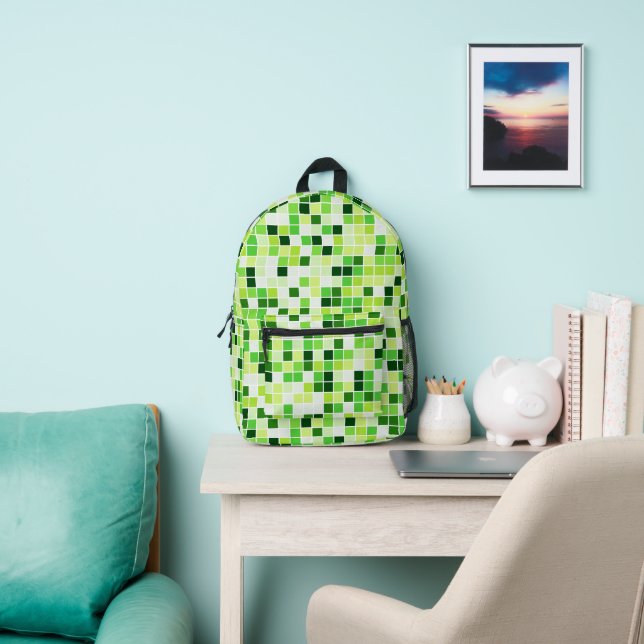 Pool Tiles, Green Mosaic Tiles, Geometric Pattern Printed Backpack (Insitu)
