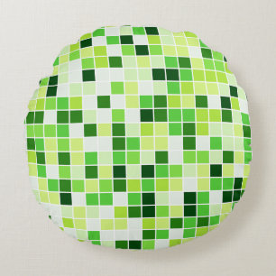 Pool Tiles, Green Mosaic Tiles, Geometric Pattern Round Pillow