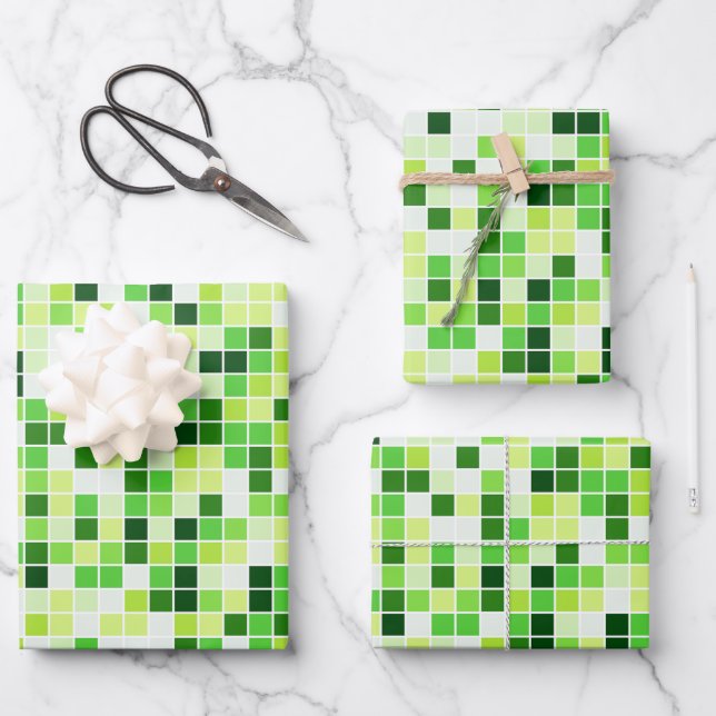 Pool Tiles, Green Mosaic Tiles, Geometric Pattern Wrapping Paper Sheet (Front)