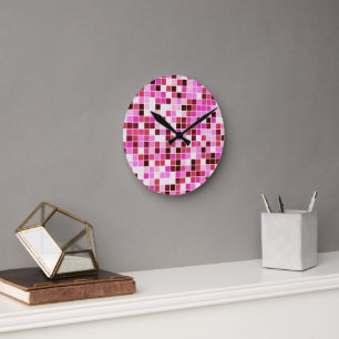 Pool Tiles, Pink Mosaic Tiles, Geometric Pattern Round Clock