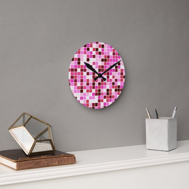Pool Tiles, Pink Mosaic Tiles, Geometric Pattern Round Clock (Office)