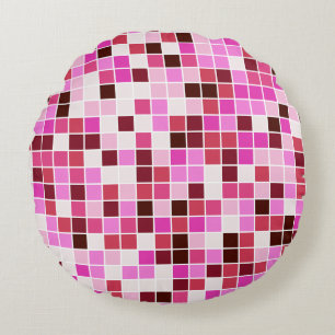 Pool Tiles, Pink Mosaic Tiles, Geometric Pattern Round Pillow