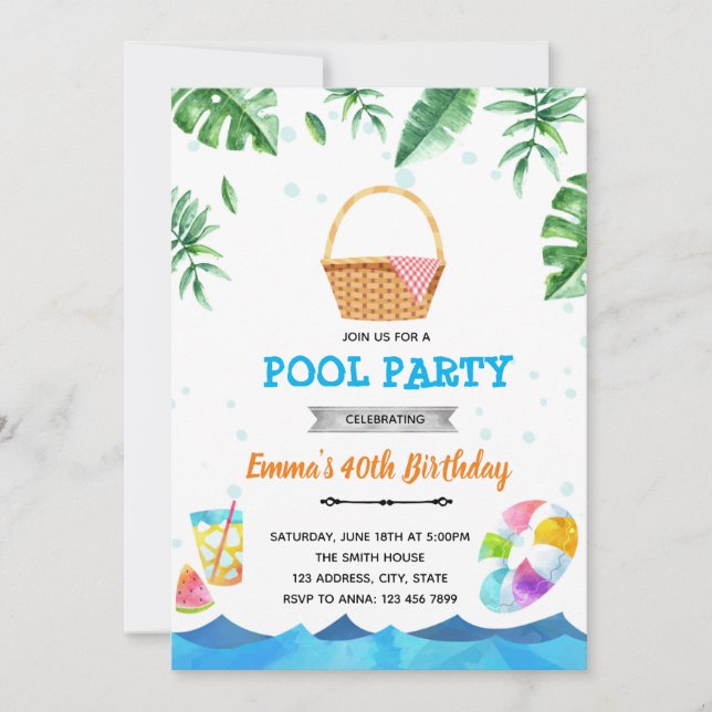 Pool tropical picnic brunch invitation (Front)