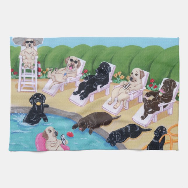 Poolside Party Labradors Painting Kitchen Towel (Horizontal)
