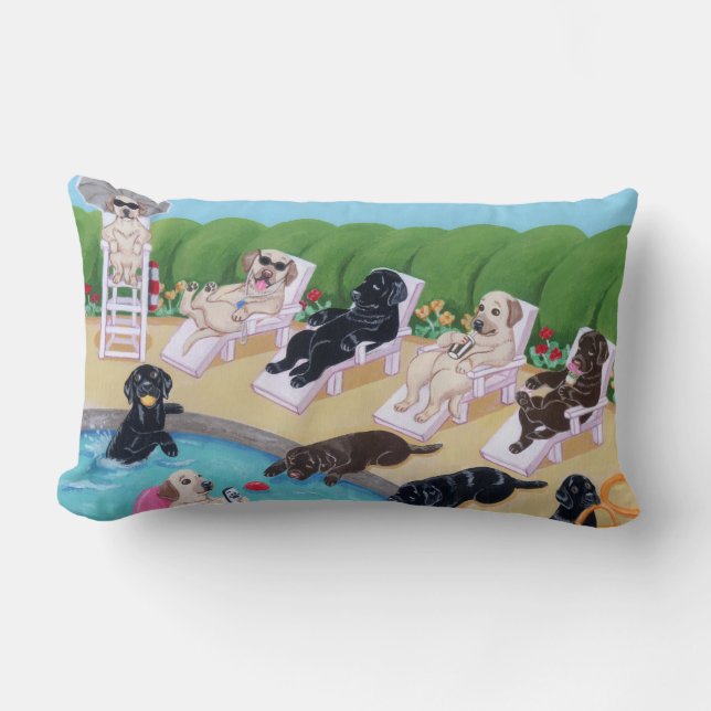 Poolside Party Labradors Painting Lumbar Pillow (Front)