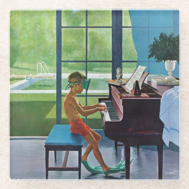 Poolside Piano Practice Glass Coaster (Front)