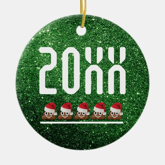 Poop Emoji Santa Green Glitter Christmas Sucks Ceramic Ornament (Front)