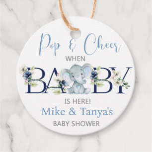 Pop and cheer elephant boy baby shower tags. favour tags