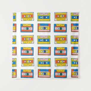 Pop art 90s seamless pattern of music cassettes. B Tapestry
