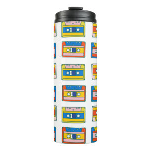 Pop art 90s seamless pattern of music cassettes. B Thermal Tumbler