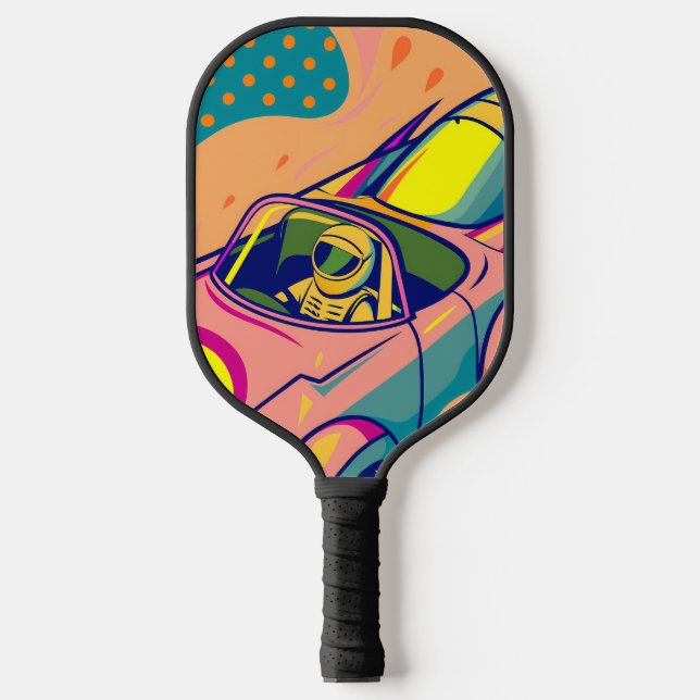 Pop Art Astronaut Driving Rocket Car Pickleball Paddle (Front)