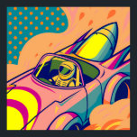 Pop Art Astronaut Driving Rocket Car Poster<br><div class="desc">This is a vibrant digital illustration in a pop art style featuring an astronaut driving a futuristic, rocket-powered car. The astronaut, wearing a yellow and white spacesuit with a green visor, is at the wheel of a pink and yellow car with large rocket boosters attached to the rear. Flames and...</div>