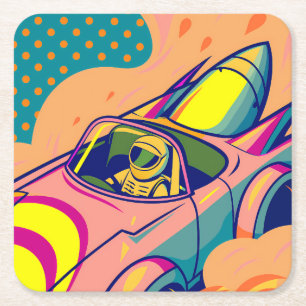 Pop Art Astronaut Driving Rocket Car Square Paper Coaster