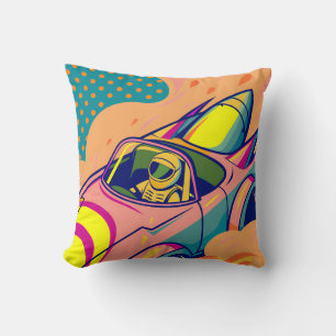 Pop Art Astronaut Driving Rocket Car Throw Pillow