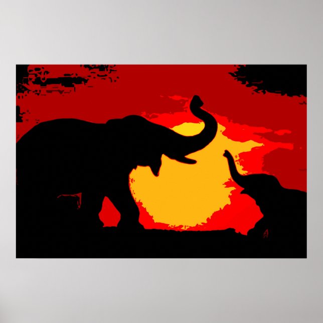 Pop Art Baby & Mom Elephants at Red Sunset Poster (Front)