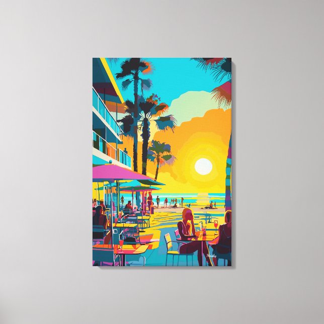 Pop Art Beachfront Café at Sunset Canvas Print (Front)