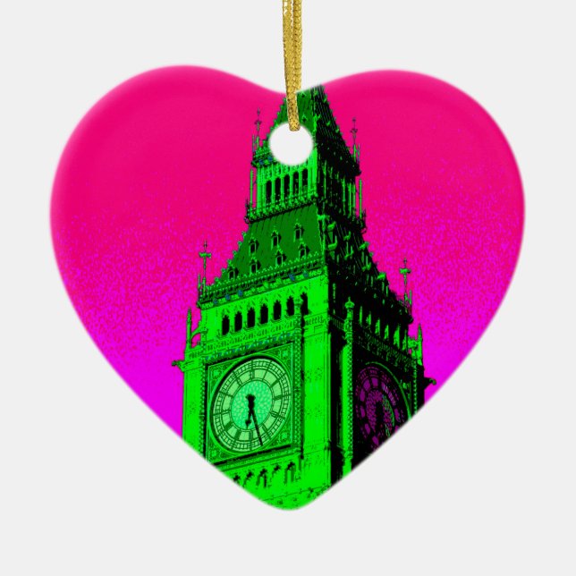 Pop Art Big Ben London Travel Pink Green Ceramic Ornament (Front)