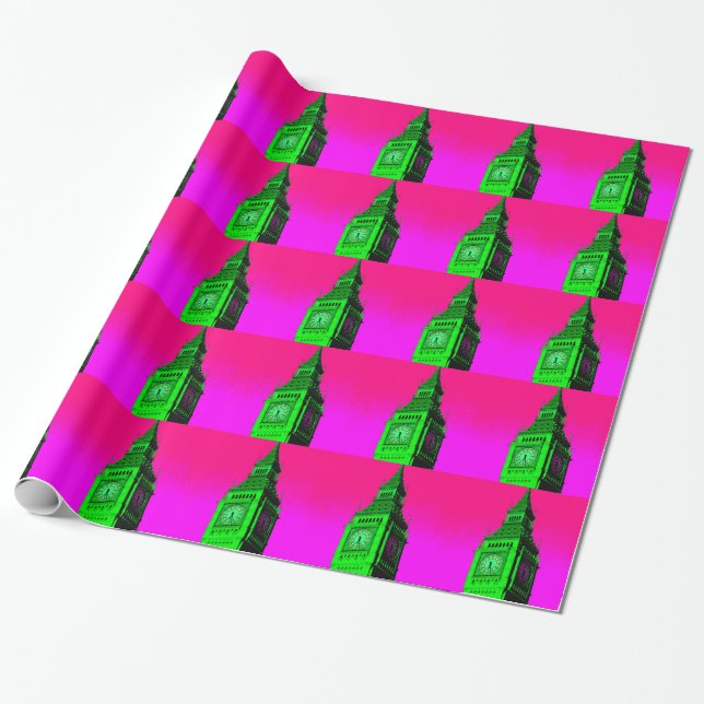 Pop Art Big Ben London Travel Pink Green Wrapping Paper (Unrolled)
