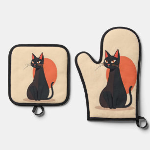 Pop Art Black Cat with Orange Sun Oven Mitt & Pot Holder Set