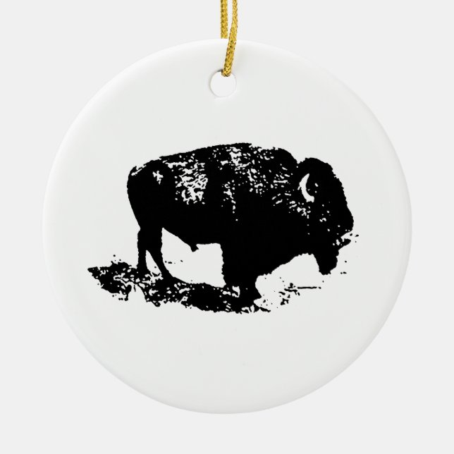 Pop Art Black White Buffalo Bison Silhouette Ceramic Ornament (Front)