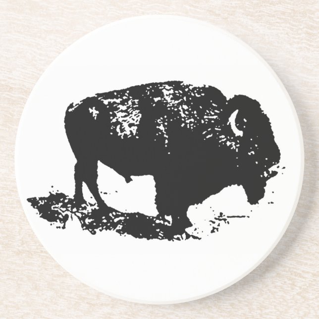 Pop Art Black White Buffalo Bison Silhouette Coaster (Front)