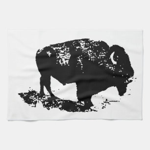 Pop Art Black White Buffalo Bison Silhouette Kitchen Towel