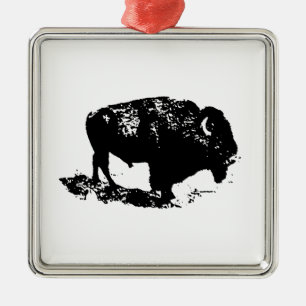 Pop Art Black White Buffalo Bison Silhouette Metal Ornament